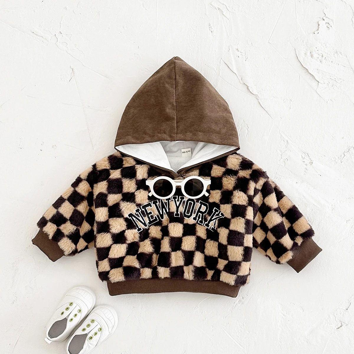 Stylish Winter Baby Top Newborn Clothes Baby Thick Fleece Hoodie Chessboard Pattern Infant Tops Boys Girls Baby Casual Warm Wear