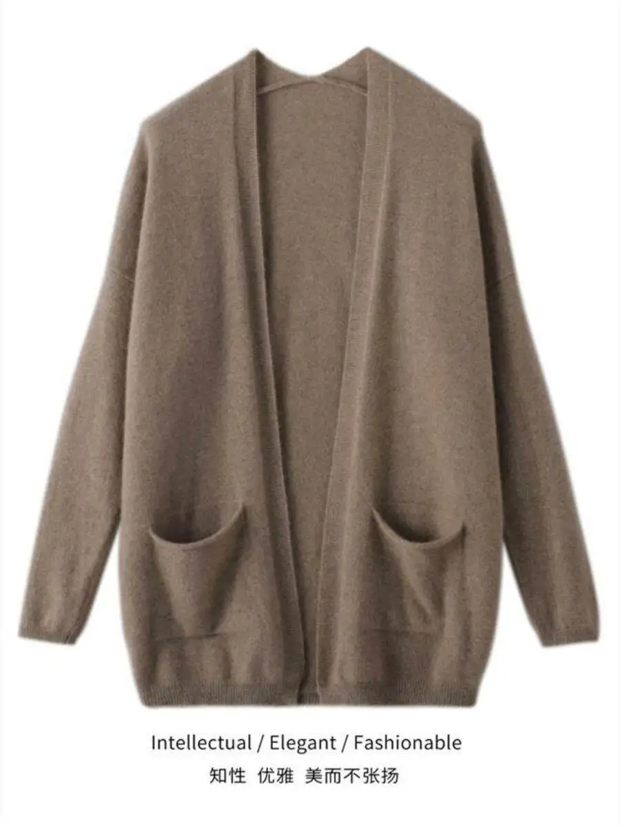 

100% pure cashmere knitted cardigan women's buttonless hooded sweater coat autumn new Joker blouse loose.