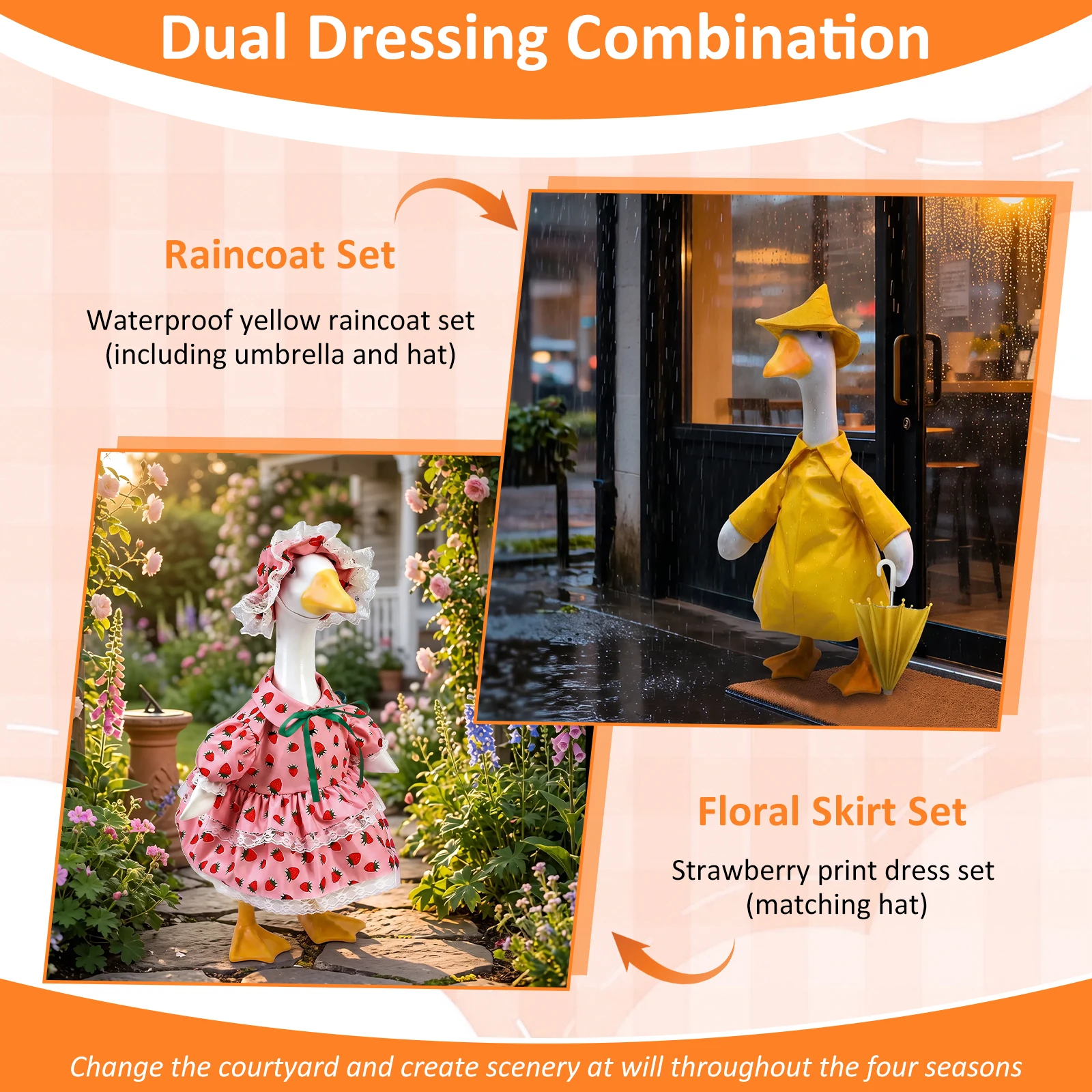 23 Inch Garden Dual Porch Goose Statue Outfits Lawn Goose Strawberry Printed Dress Up Clothes Yard Goose Statue Raincoat Costume