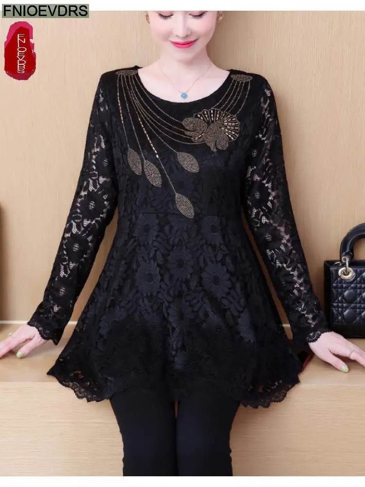 2022 Autumn Black Lace Tunic Bling Tops Hot Women Long Sleeve Elegant Office Lady Patchwork Sheer Belly Design Peplum Top Blouse