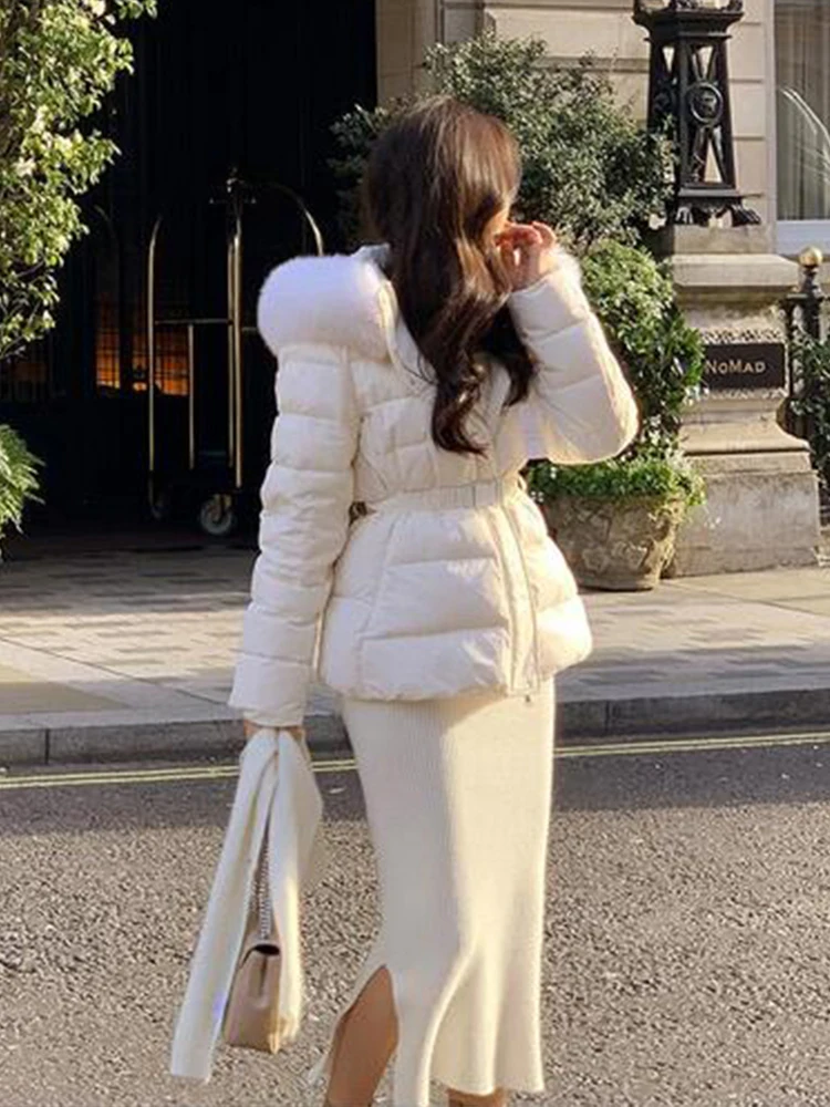 

Winter Thiened ort Hooded Du down Jaet Women's Fur Collar Slim Fit Mid-Length White Du Feather Outerwear Korean Sle