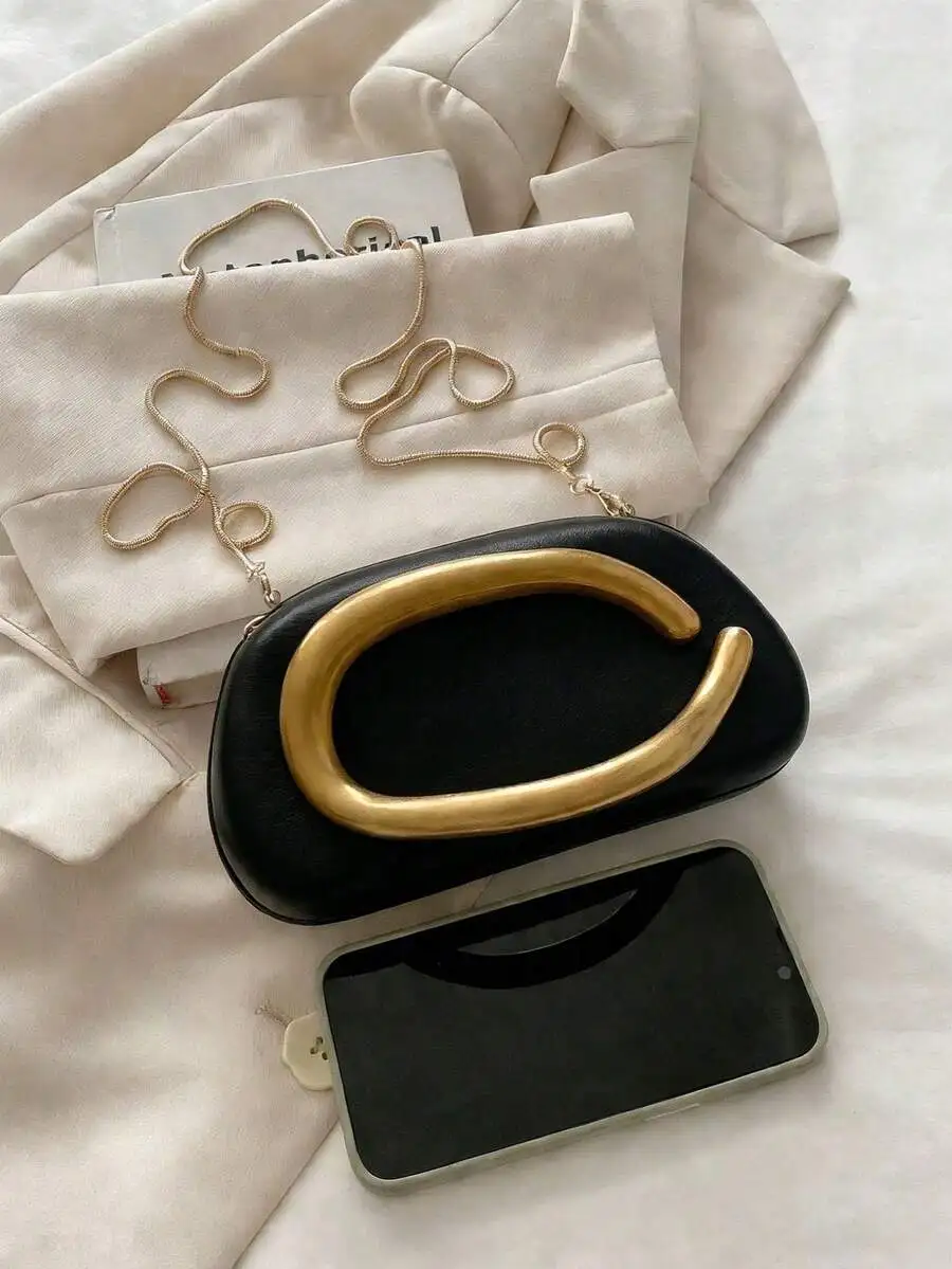 

Elegant Metal Decorated Clutch Bag Retro Minimalist Solid Color Shoulder Crossbody For Women Evening Party