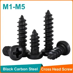 100pcs/lot Black Carbon Steel M1 M1.2 M1.4 M1.5 M1.7 M2 M2.3 M2.6 M3 M3.5 M4 M5 Cross Round Head Phillips Self-tapping Screw