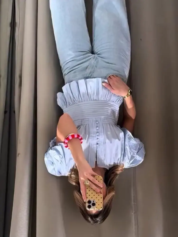 

HH Women's Summer Fashion Versatile Crew Neck Puff Sleeve Ruffle Design Shirt Female Chic Elegant Pleated Slim Short Sleeve Top