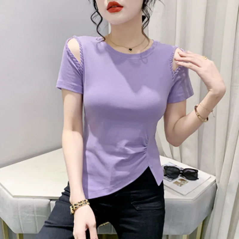 Summer New Sexy Off Shoulder Elastic Cotton T-shirt For Women's Luxury Hollow Out Beaded Irregular Fashion Slim Tops Blouse