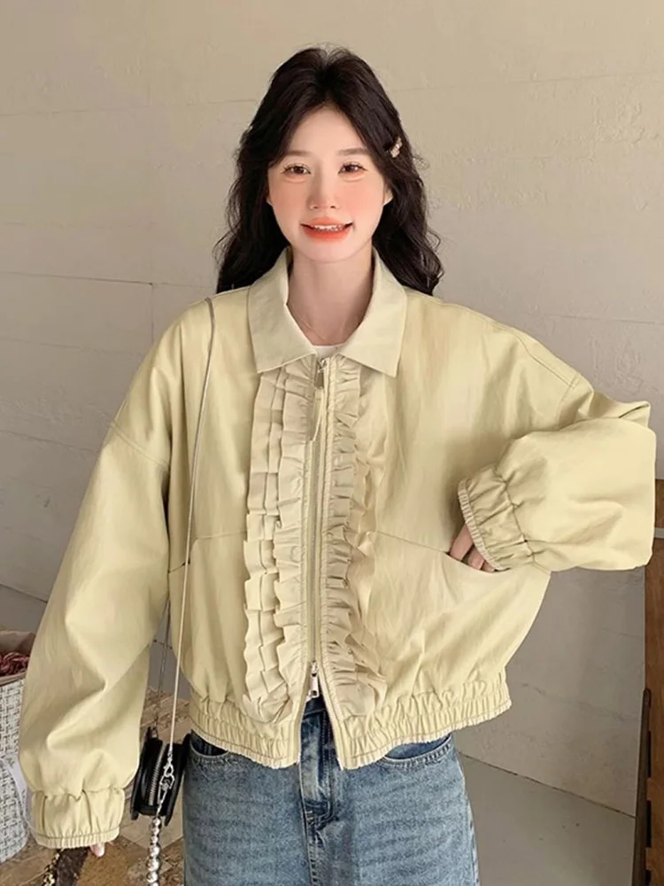 Ruffles Sweet Cargo Jacket Women Preppy Style Long Sleeve Cute Short Coat Korean Lady Pockets Loose Solid Spring Vintage Outwear