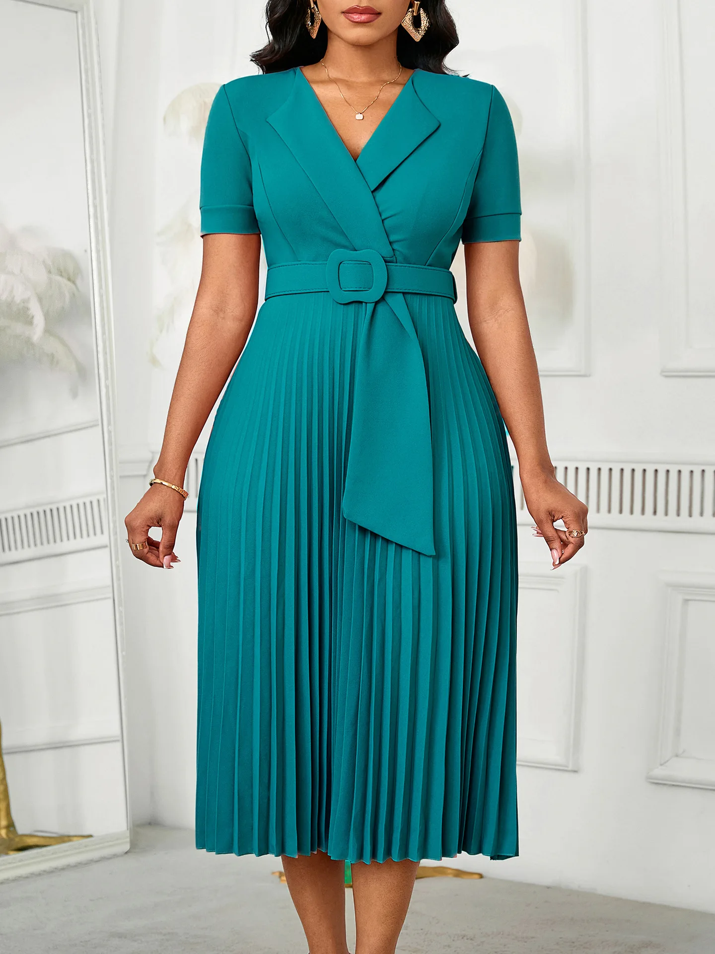 Women\'s plus Size Pleated Waist Dress Fall Commuter Fashion Suit Collar New Arrival