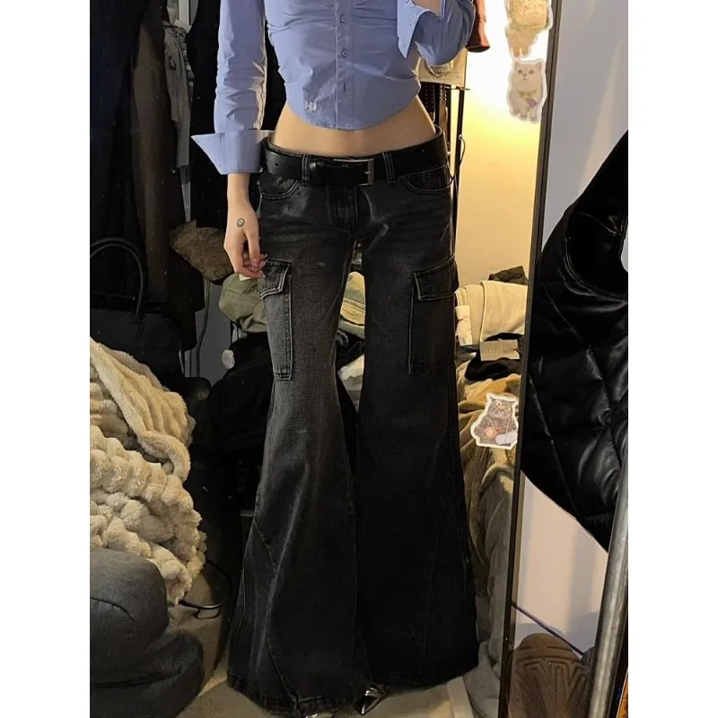 QWEEK Y2k Vintage Flare Cargo Jeans Woman American Retro Low Waist Black Denim Pants Streetwear Grunge Gothic New Trousers