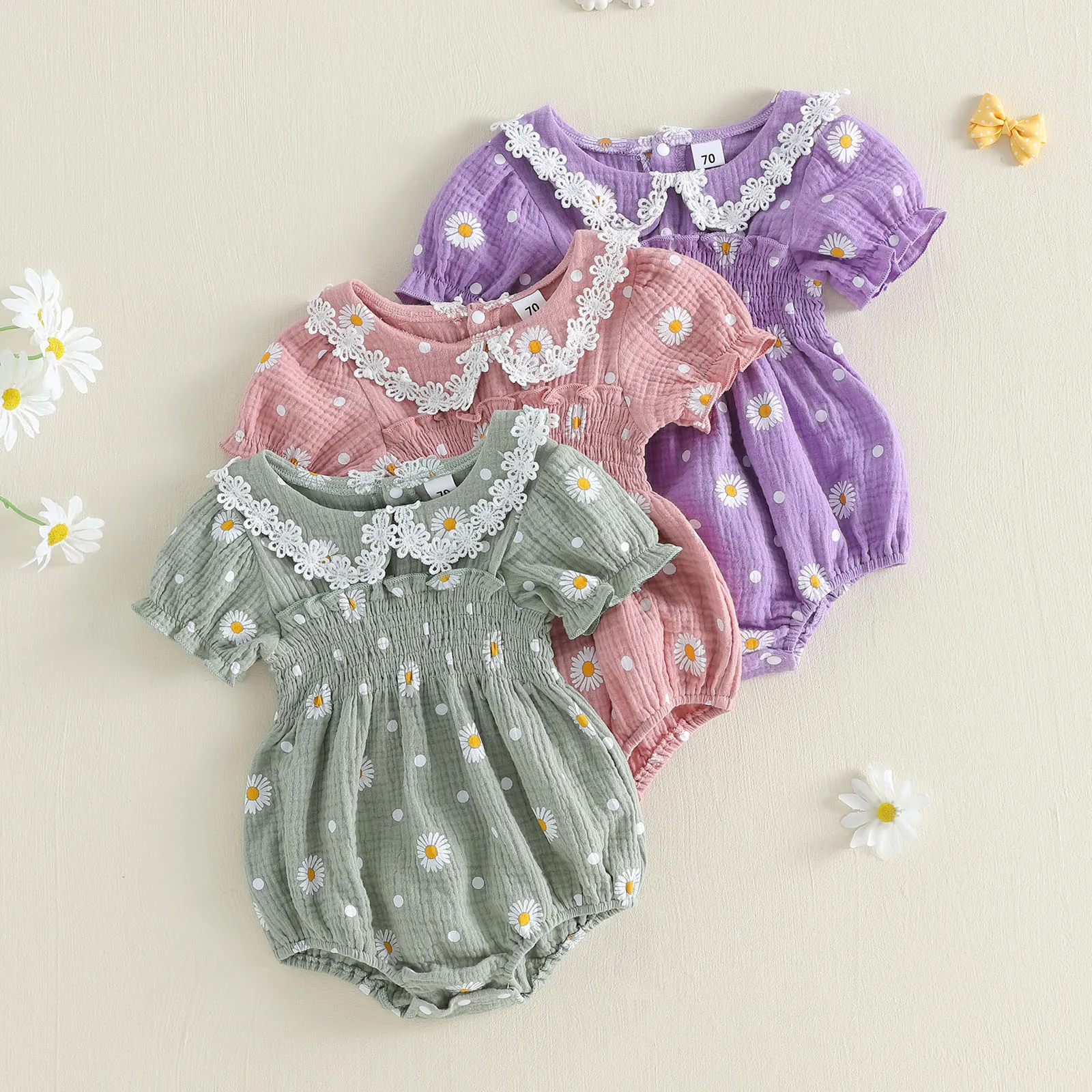 FOCUSNORM 0-18M Lovely Baby Girls Boys Romper Summer Puff Short Sleeve Doll Collar Sunflowers Print Smocked Jumpsuit