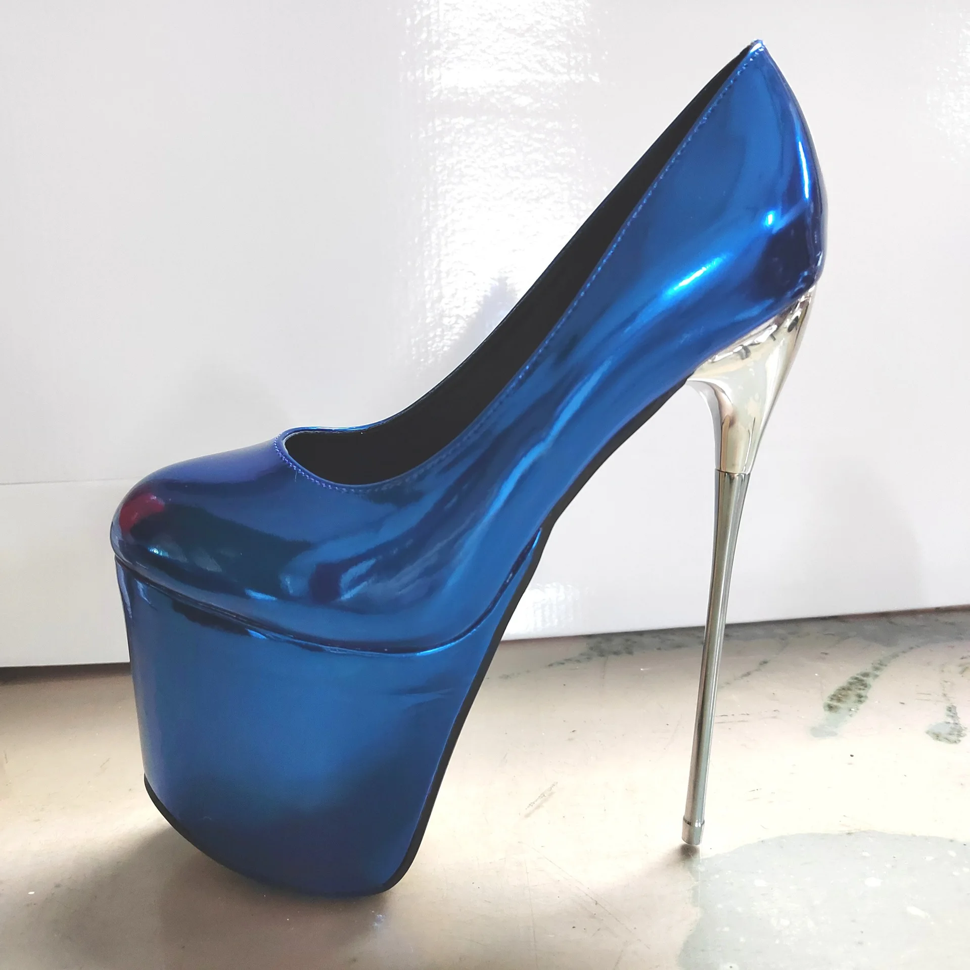 

19Cm Thin Steel Heels Platform Pumps Women Blue Patent Leather Slip On Shallow Sexy Spicy Girl Nightclub Cosplay Shoes Spring