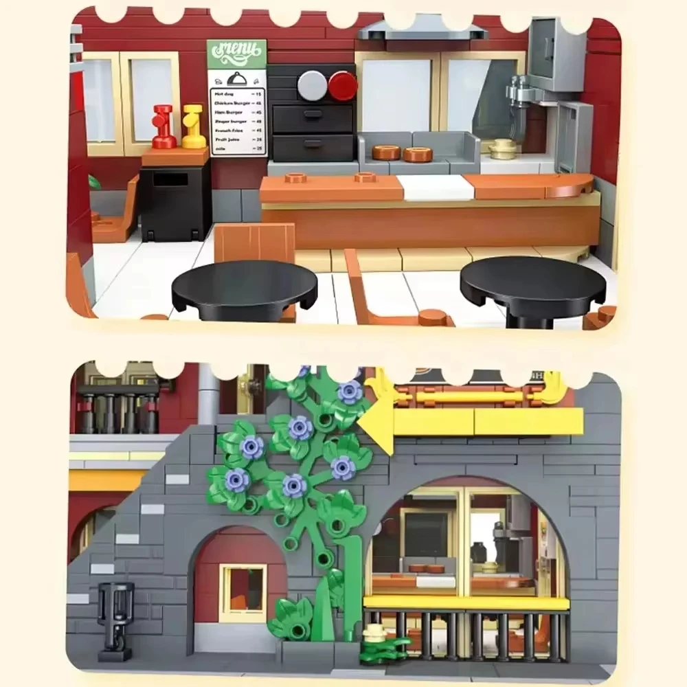 3289 elementów Seria Dużej Ulicy - Burger Shop i Stacja Metra - Model Budynku do Składania z Oświetleniem, Kolekcjonerski Element Dekoracyjny dla Hobbystów