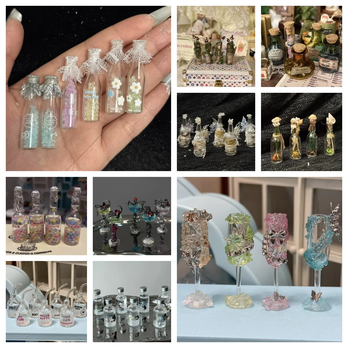 

Miniature Glassware Set - Flowing Water Magic Bottles Goblets & Royal Style Drink Bottles Dollhouse Decor Handmade Micro Scale