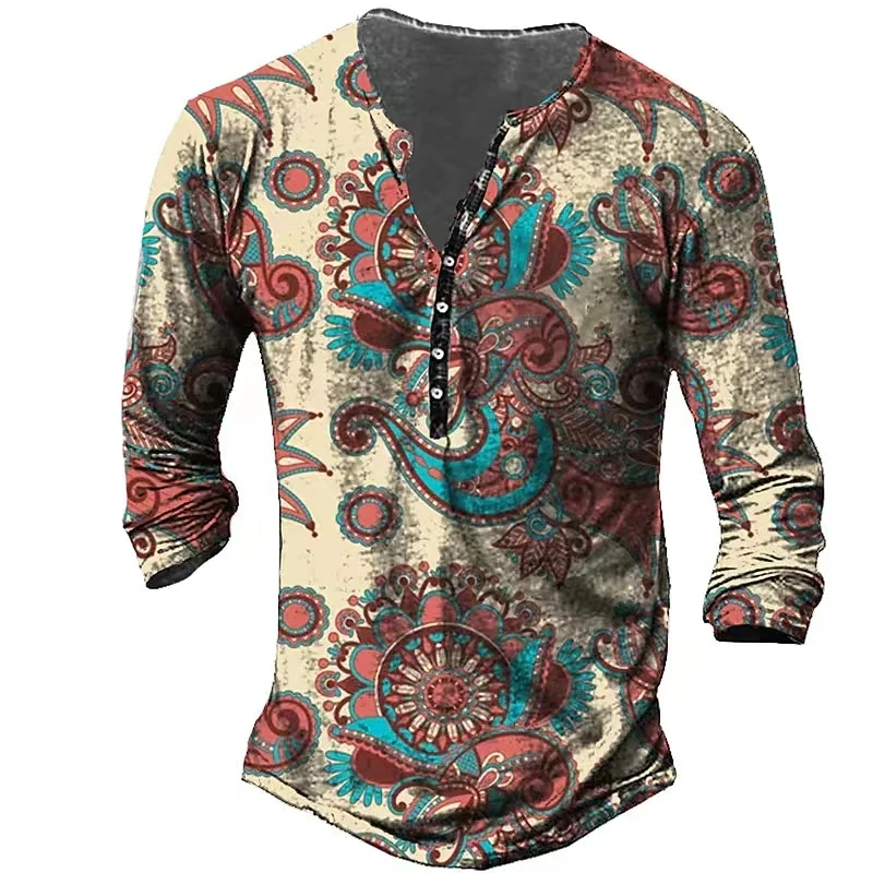 Vintage Men\'s T-Shirts With Button Ethnic Pattern Print Spring Autumn Loose O-Neck Long Sleeve Oversized T Shirts Male Clothing