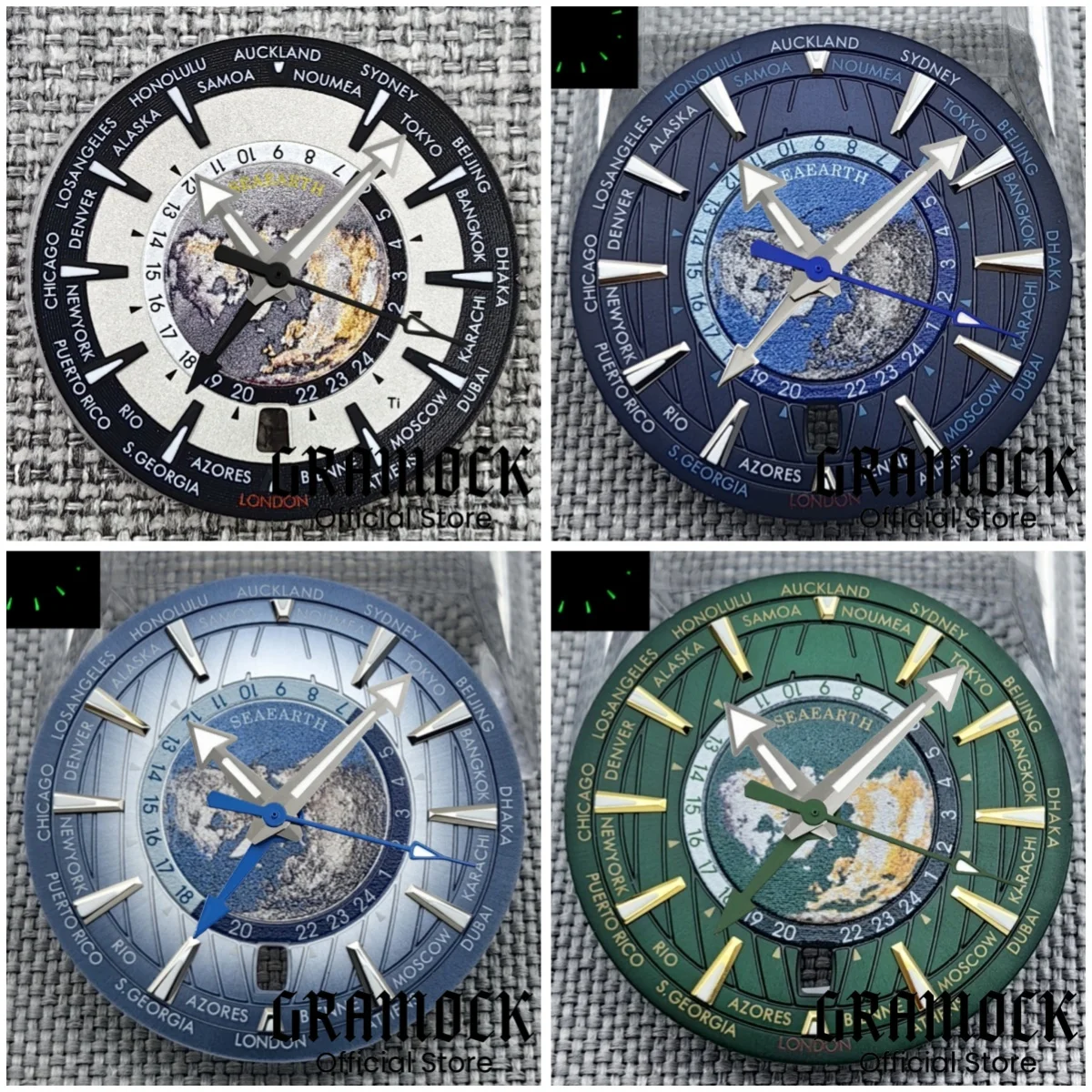 33.5mm Universal Time Blue Green Black Watch Dial 6 o 'clock Date With Green Black Blue GMT NH34 4 Hands Fit NH34 NH35 Movement