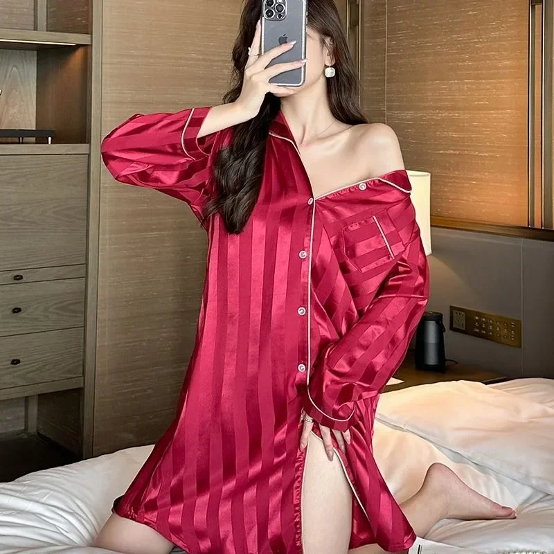 Long Sleeve Ice Silk Jacquard Nightgown Women Fashion Lapel Cardigan Plus Size Loose Homewear Sexy Thin Solid Color Sleepshirts