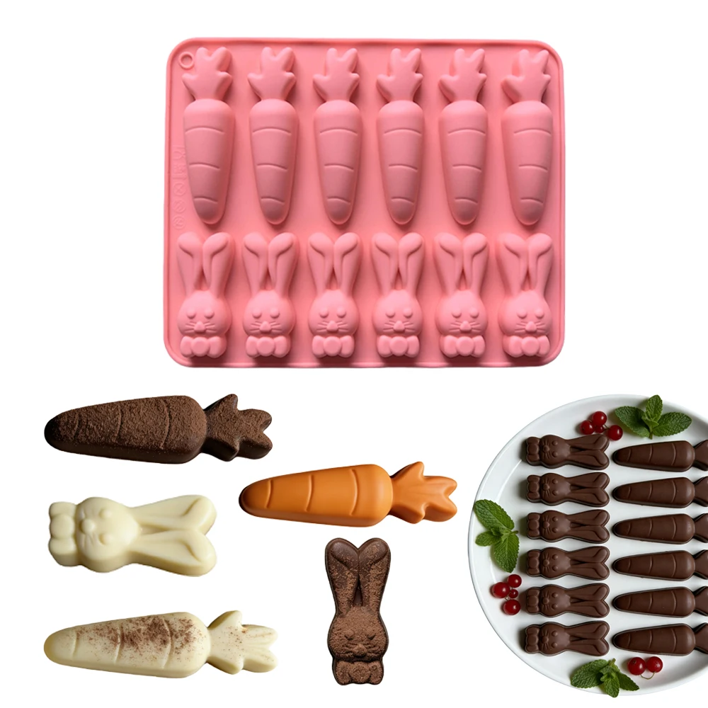 3pcs 12 cavity carrot rabbit shaped chocolate silicone mold DIY candy pudding dessert cake decoration baking mold - view 5