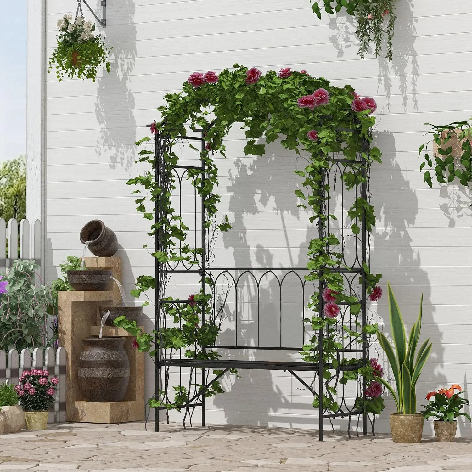 Metal Trellis Arbor Arch with Garden Bench Steel 484 lbs. Black, Customized