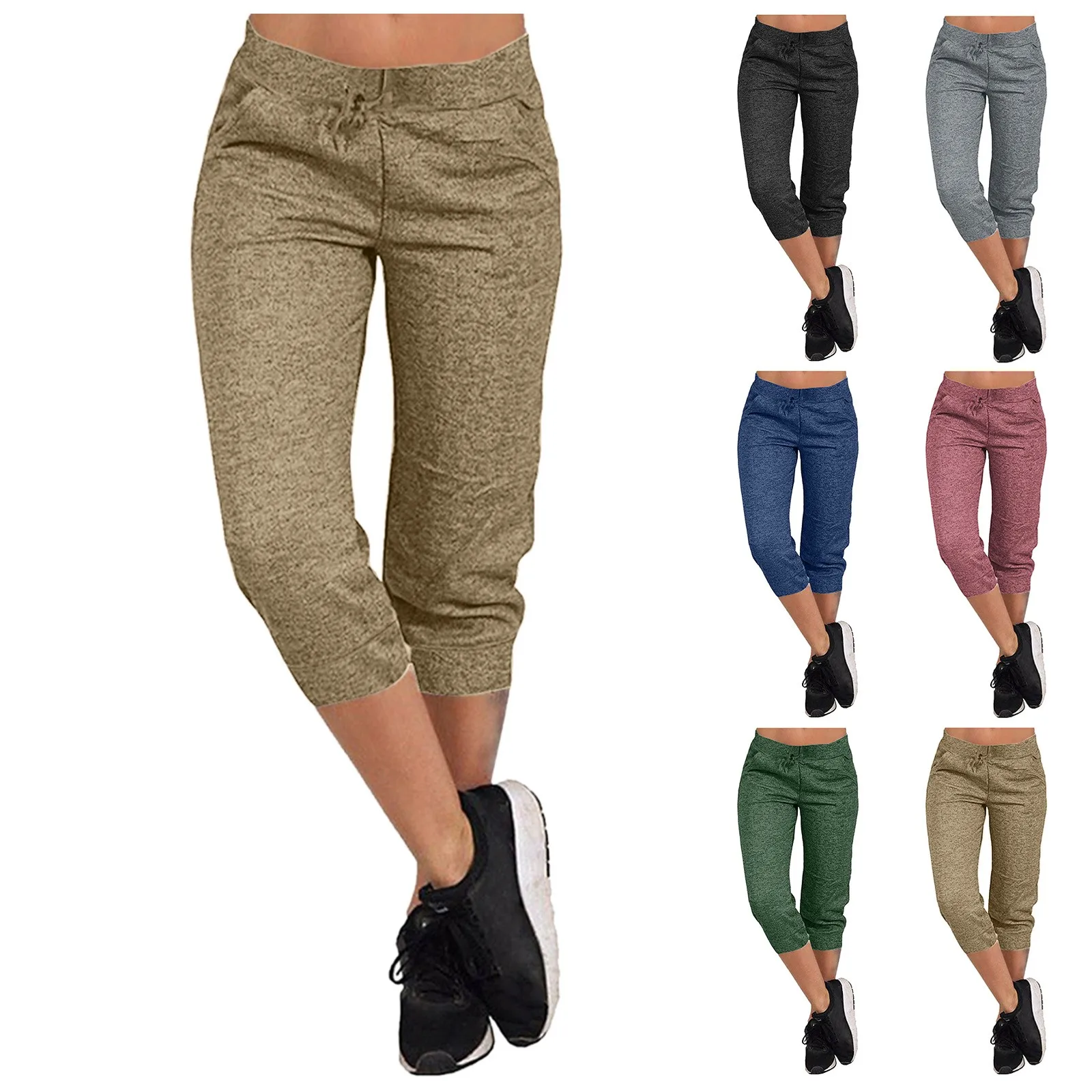 

2024 Summer Women Bootcut Pants Casual Solid Color Low Rise Drawstring Pockets Sports Capri Pants Women Slim fit pants