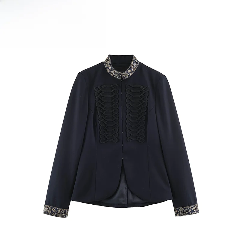 Fashionable Embroidered Color Block Rope Buckle Jacket Women's Standard Fit Polyester Long Sleeve Coat for Autumn Season