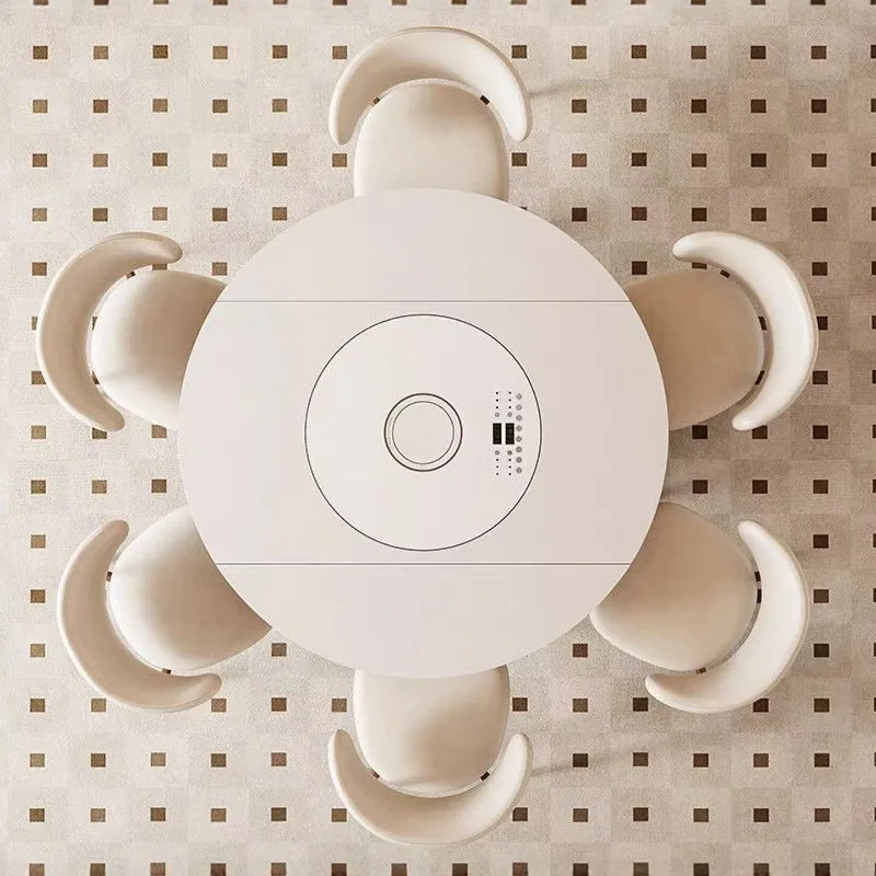 

Extendable Rock Slab Dining Table With Built-in Induction Cooker & Warming Plate, Cream Style Solid Wood Base For Modern Kitchen