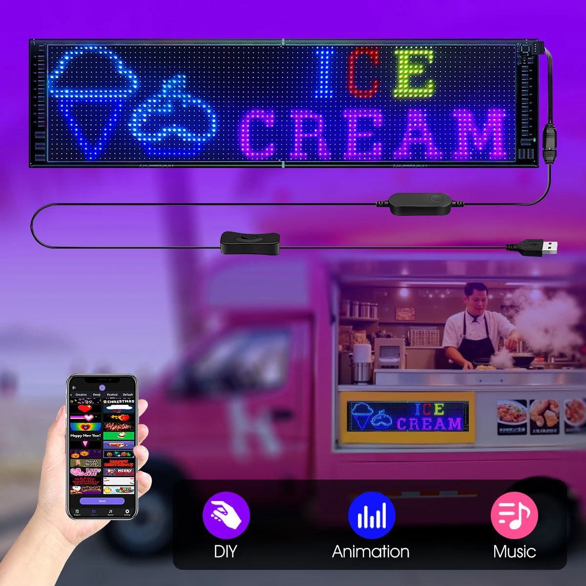 Full Color Double Row Programmable LED Sign,  Flexible 5V/2A USB Bluetooth APP Control LED Signs Custom Text Message
