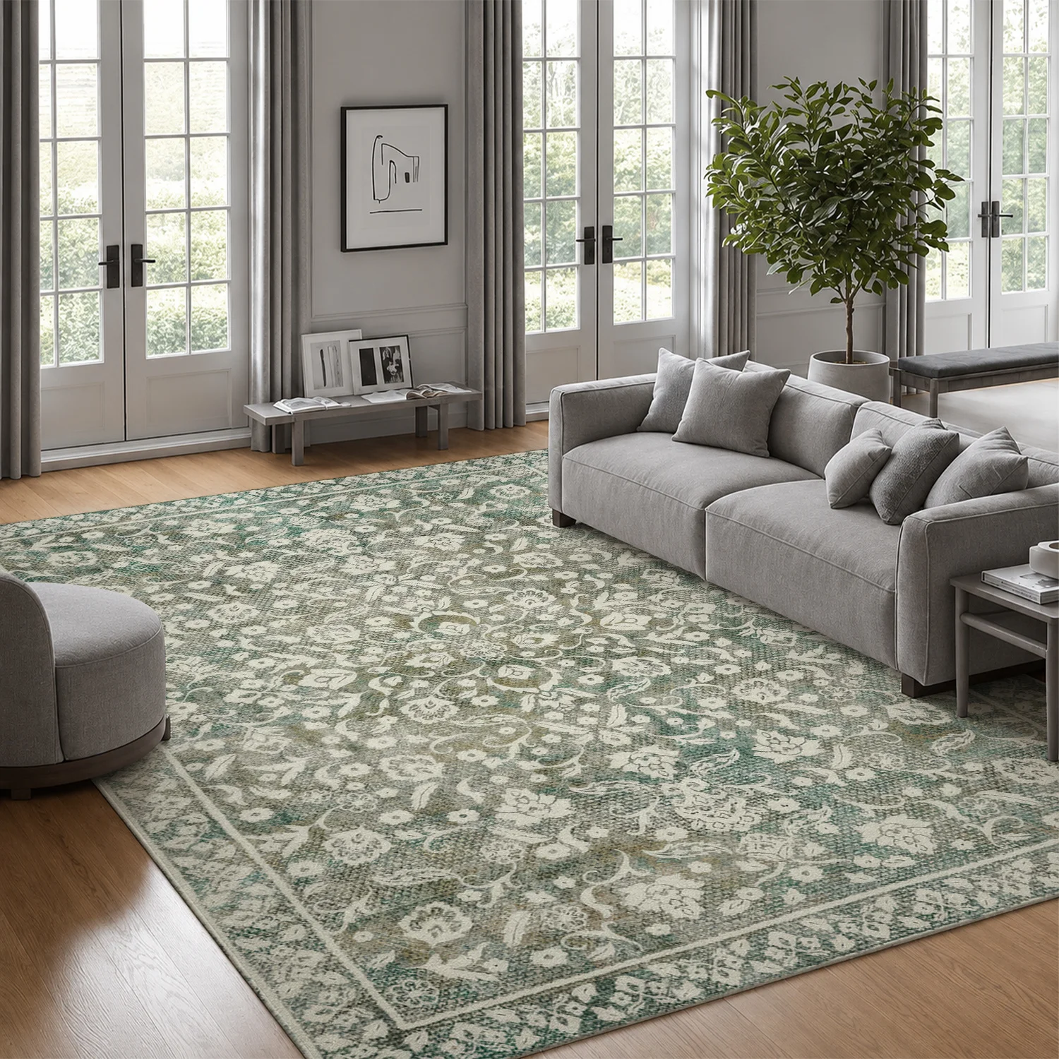 Large Indoor Vintage Floral Area Rug, Muted Teal and Cream Pattern, Soft Velvet Low Pile, Non-Slip Dotted Backing, Machine Washable for Living Room Bedroom