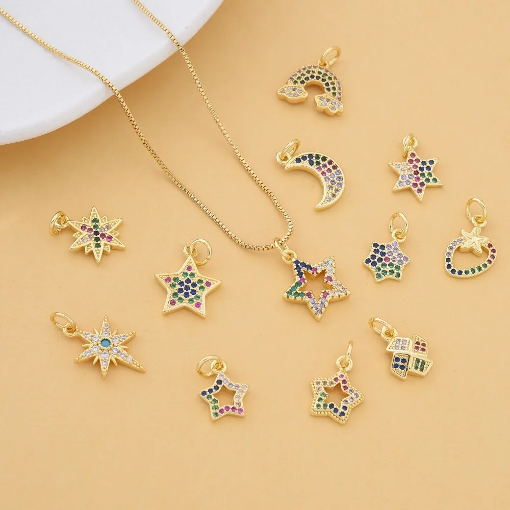 4 Pcs Copper Plated Inlay Color Zircon Pendant DIY Bracelet Necklace Making Star Moon Windmill Cloud Hollow Jewelry Accessories