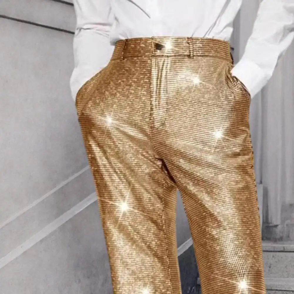 Party Dance Pants Men's Shiny Sequin Retro Elastic Waist Wide Leg Night Club Disco Pants for Stage Performance Hip-Hop Bar