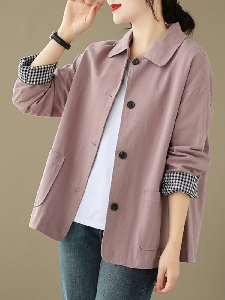 Casual Cotton Short Jacket Women's Fashionable Large Size Long Sleeve  Collar Top Double Layer Autumn Wear for Middle-Age...