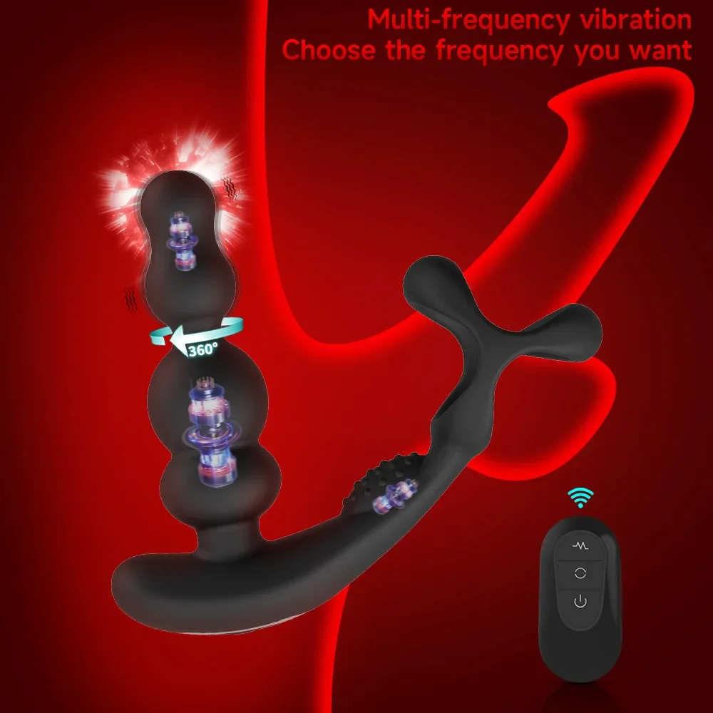 360° Rotating Anal Beads Male Prostate Massager with Cock Ring Vibrating Butt Plug Remote Control Anal Vibrator Men's Adult Toy view 3