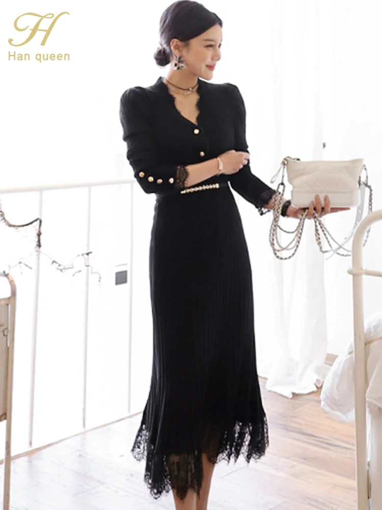 H Han Queen Women Winter OL Work 2 Pieces Suit Knitted top & Stitching Lace Long Skirt Simple Slim Casual Occupation Sweater Set