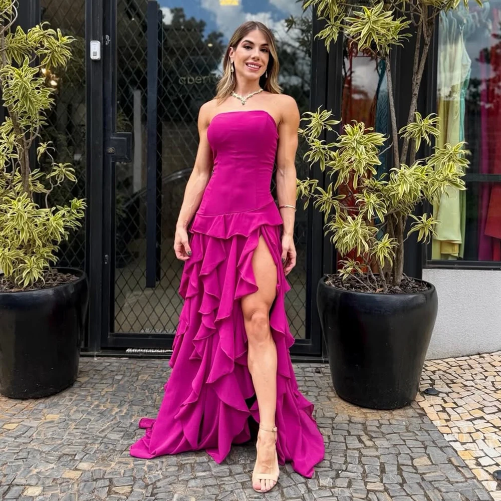 Customized Fuchsia Evening Dresses 2026 High Slit Lace Up Prom Gown Strapless Ruffle Layered Wmoen Elegant Party Dresses