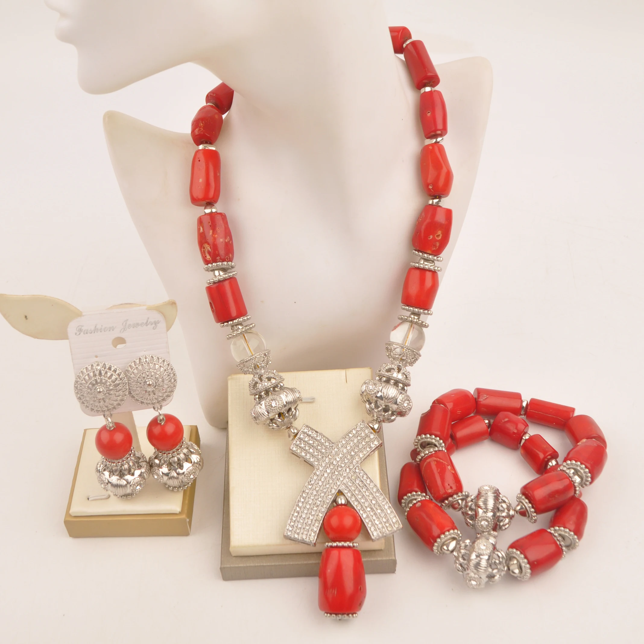 Red Natural coral Nigerian Wedding Necklace African fashion jewelry collection