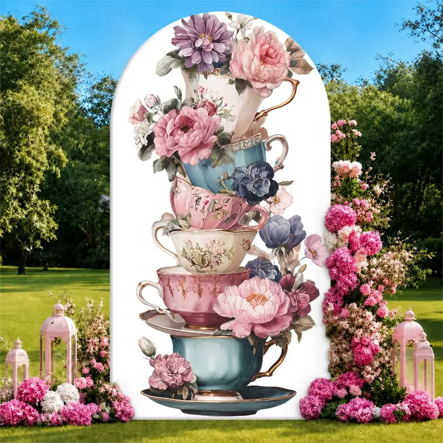 

Tea Cups Stack Arch Backdrop Cover Party Backdrop Fabric Cover Birthday Party BabyShower Photo Booth Background Event Decoration