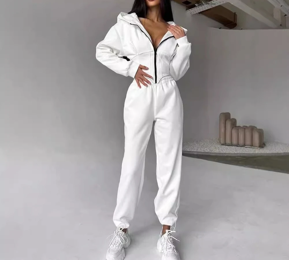 

Autumn and Winter Women's Solid Color Tunic Hooded Sweatshirt Trousers Suit Athleisure Trousers Two-piece Set Women