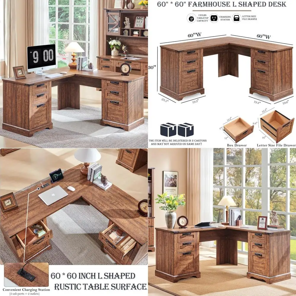 

Г-образный стол для руководителя в фермерском доме с зарядной станцией, ящиками и хранилищем файлов для домашнего офиса