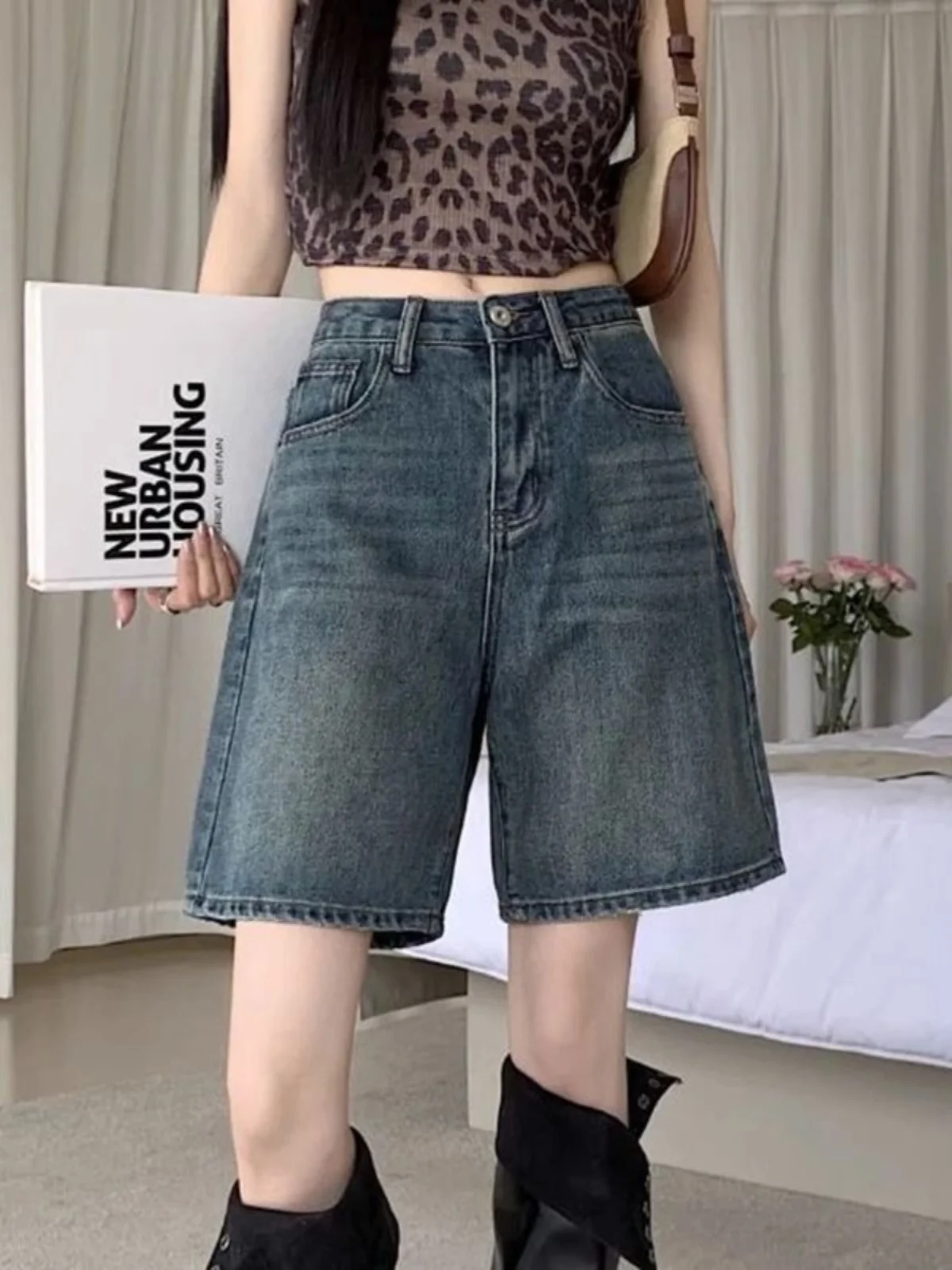 루즈 스트레이트 레그 파이브 쿼터 카우보이 진 하이 웨이스트 스트리트 슬레 캐주얼 팬츠 레귤러 얇은 여름 컬렉션