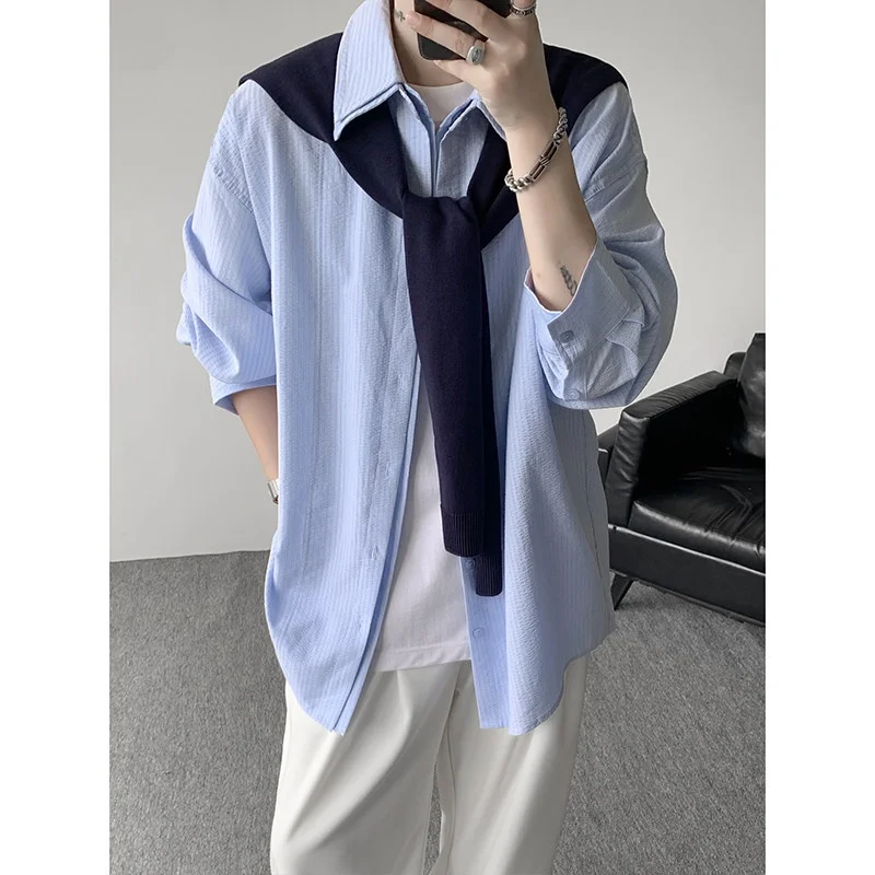 

Съемная рубашка в корейском стиле свободного кроя в полоску для мужчин, молодежная, повседневная, универсальная, с эффектом облегания, CleanFit