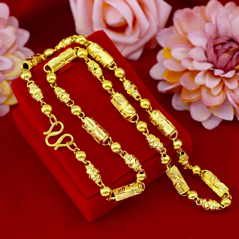 9999 Real Gold 24K Thickened Gold Men's Hollow Car Flower Hexagonal Necklace Gold Fashion Men's Necklace