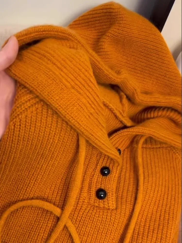 Half Button Hooded Wool Knitted Sweater For Women, 2024 Autumn And Winter New Korean Loose Casual Pullover Sweater