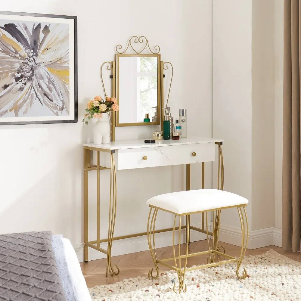 Vanity Mirror Table Set with Stool, Vintage White Makeup Desk with Storage for Women and Girls, Dressing Table with 2 Drawers