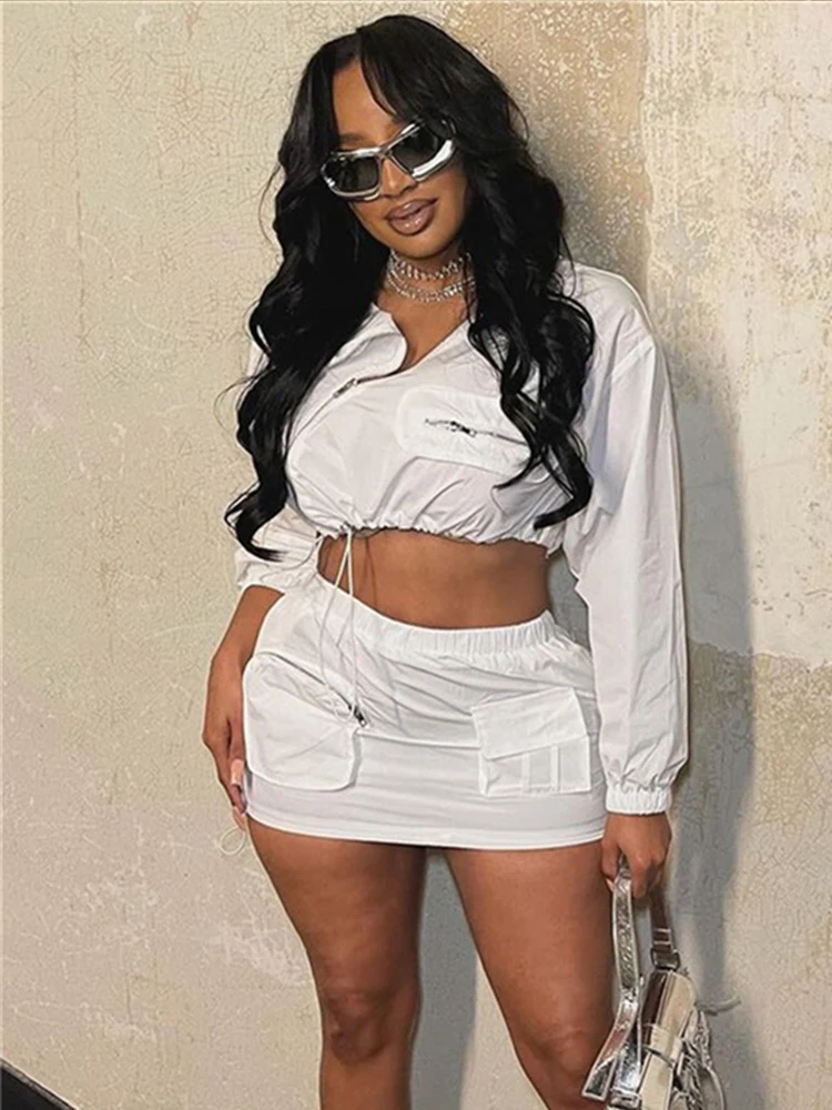 

Weird Puss Multiple Pockets Style 2 Piece Set Women Irregular Zipper Shirring Jacket+Peach Hip Skirts Hottie Hipster Streetwear
