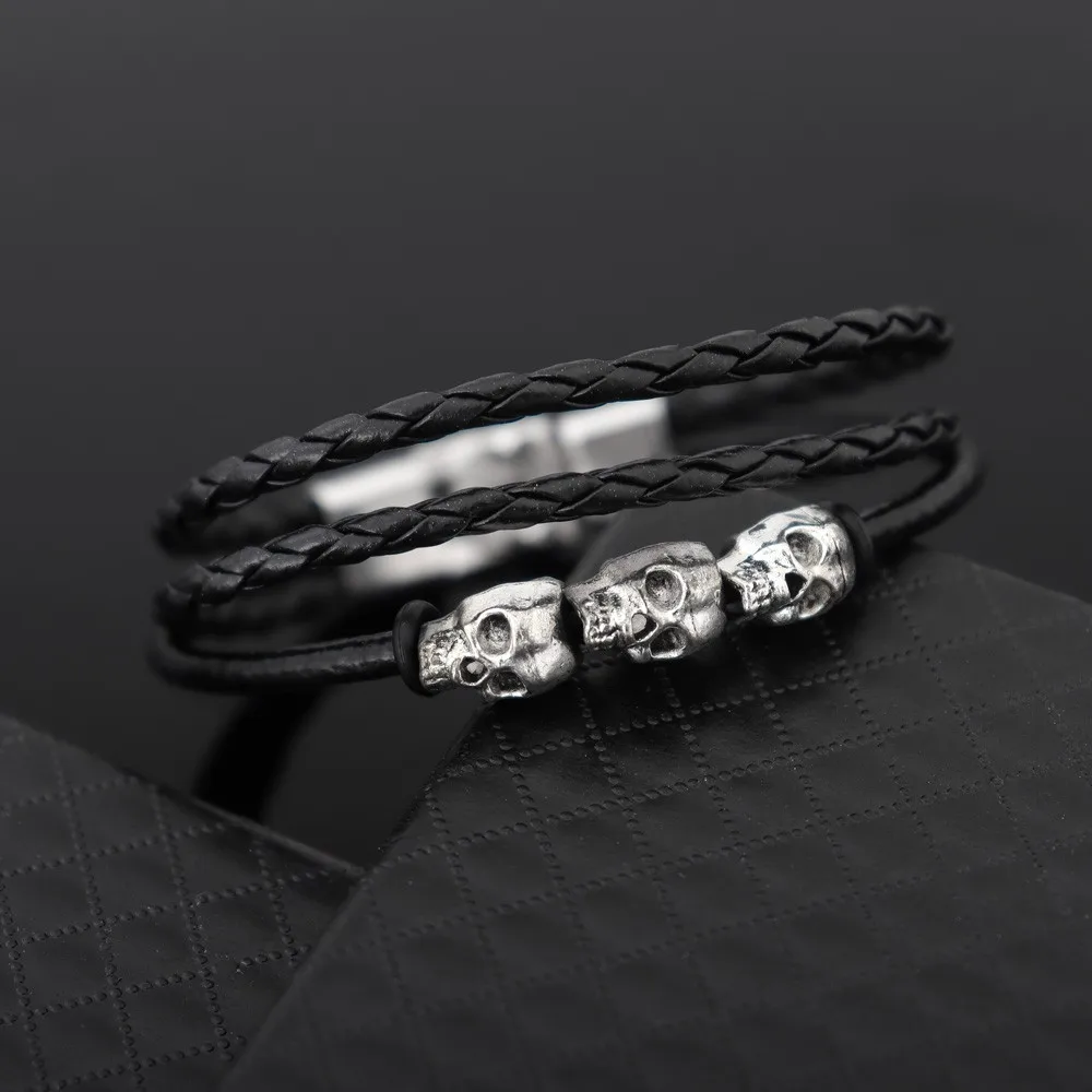 Cool Skeleton Skull Leather Bracelet Men\'s Stainless Steel Punk Rock Gothic Charm Woven Multilayer Bracelet Men\'s Jewelry Gift