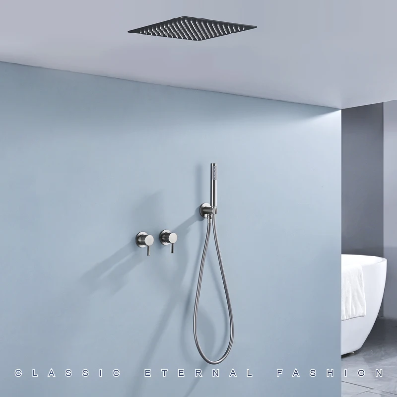

Bathroom Rainfall Shower System with Hand Shower Wall Mount Shower Faucet Set Complete Luxury Rain Shower Mixer Combo Set Gray