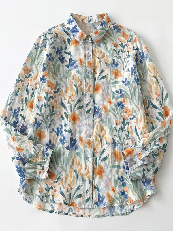 2025년 봄 루즈핏 롱 슬리브 여성용 플로럴 프린트 자외선 차단 코튼 린넨 혼방 칼라 캐주얼 출퇴근 슬레