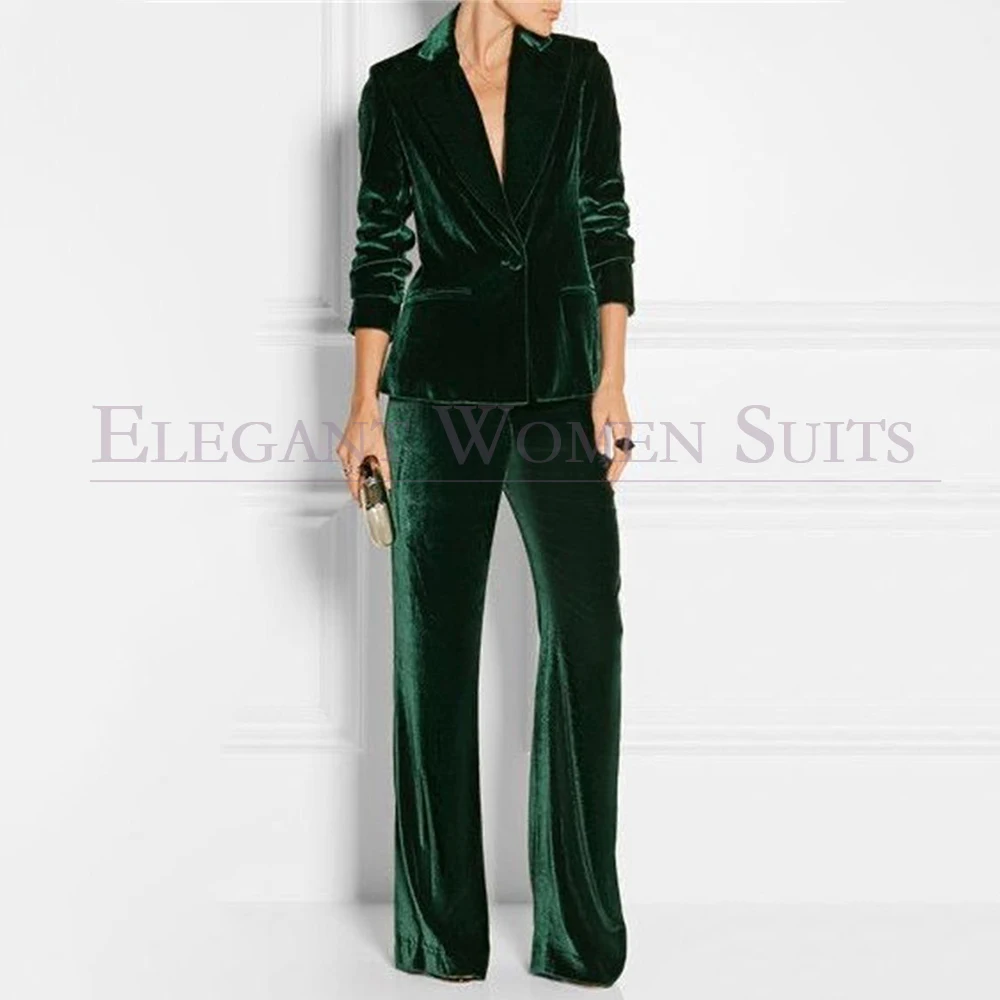 Fashion Green Velvet Women's Suits Slim Fit One-Button Peak Lapel 2 Piece Jacket Pants Customized Female Clothing Outfits