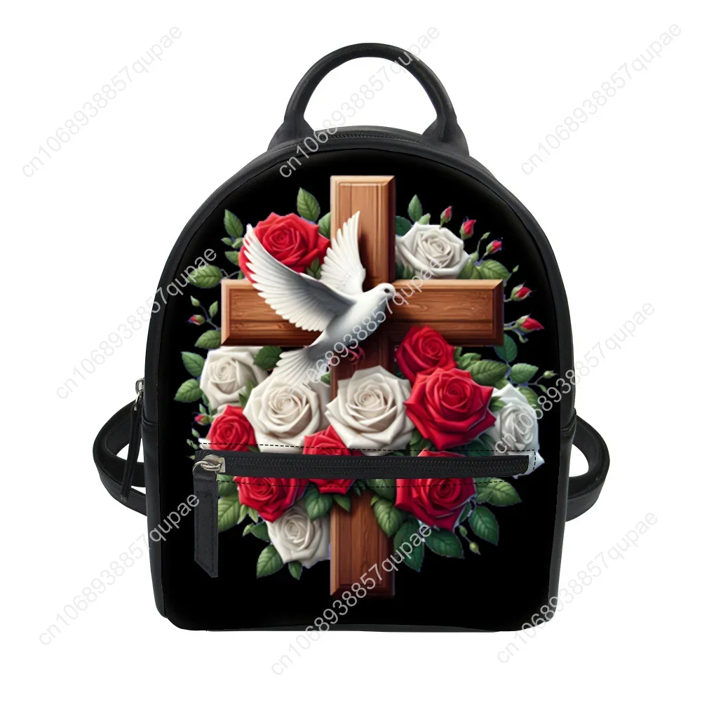 Floral Cross Catholic Custom Backpack Purse Women Carter Schoolbags Double Shoulder Bag Mini Daypack Leather Travel Bag