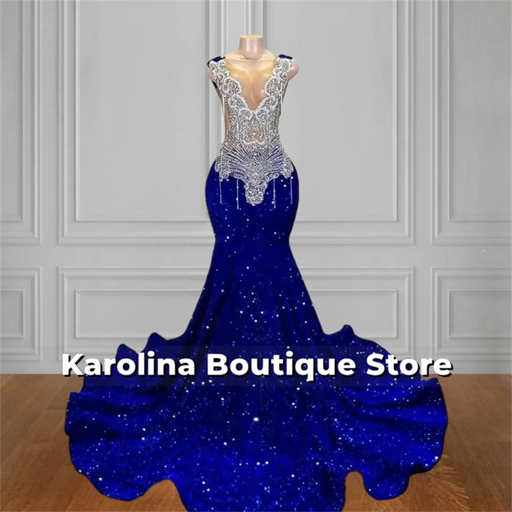 Abiti da ballo lunghi con paillettes in velluto blu re o collo con perline strass argentati nappe abiti a sirena per matrimonio africano personalizzato