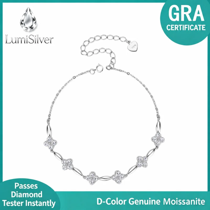 Four Leaf Clover Pave Moissanite Bracelet 925 Sterling Silver Dainty Adjustable Lucky Jewelry Gift for Women