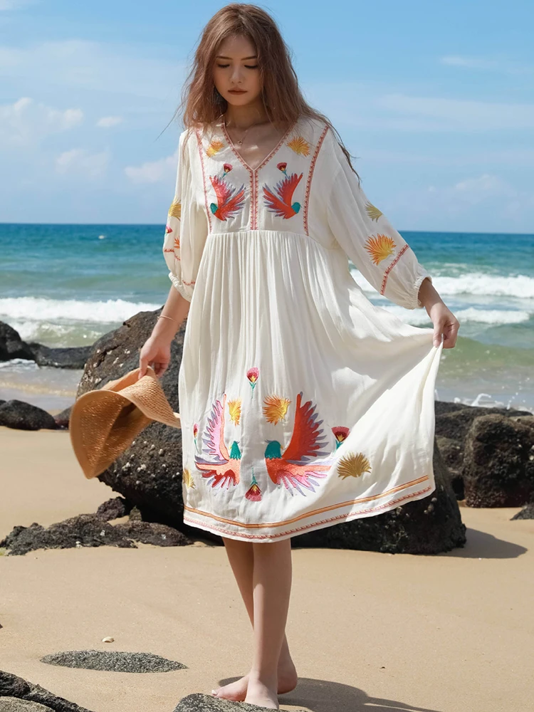 

KHALEE YOSE Floral Boho Embroidery Summer Dress Long Sleeve Ruffles Loose Women Vocation Ladies Party Dresses Vestidos New